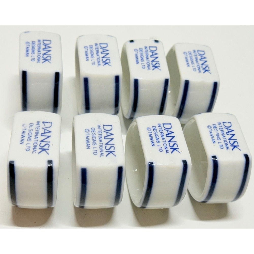 Dansk International Designs Set of 8 Porcelain Napkin Rings White Navy Stripes